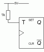 Circuit diagram showing a T-type flip-flop conneted to the Vcc rail using a 1k resistor