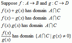 Suppose f : A -> B and g : C -> D<br>f(x)+g(x) had domain A intersect C<br>f(x)-g(x)has domain A intersect C<br>f(x).g(x) has domain A intersect C<br>f(x)/g(x) had domain {A intersect C | g(x) not equal 0}